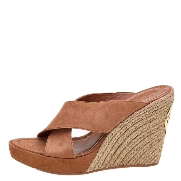 Tory Burch Wedge Espadrille Sandal Brown Suede Slip On Size 6 - Picture 6 of 11